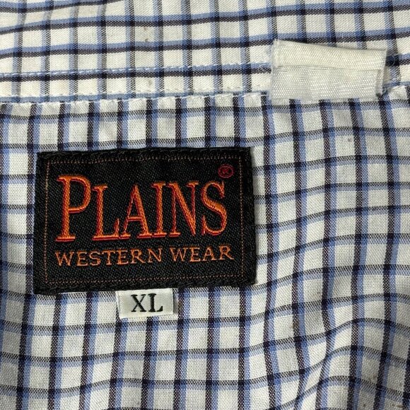 Plains Mens Western Wear Checkered Shirt Snap Front White Blue XL Short Sleeve - Picture 3 of 6